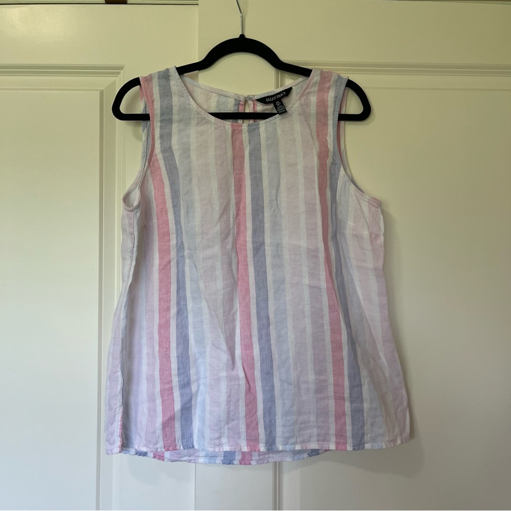 Ellen Tracy Linen Sleeveless Pastel Striped Shirt, Size Large women’s top Pink